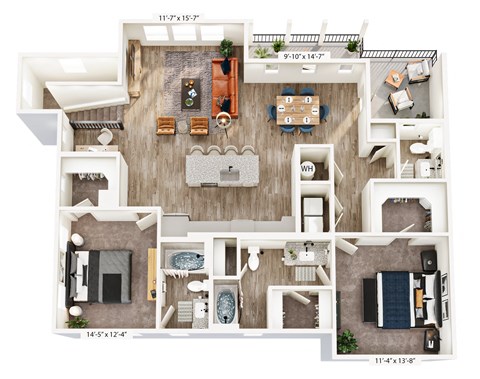 Floor plan for 2 beds, 2.5 baths, 1823 sqft
